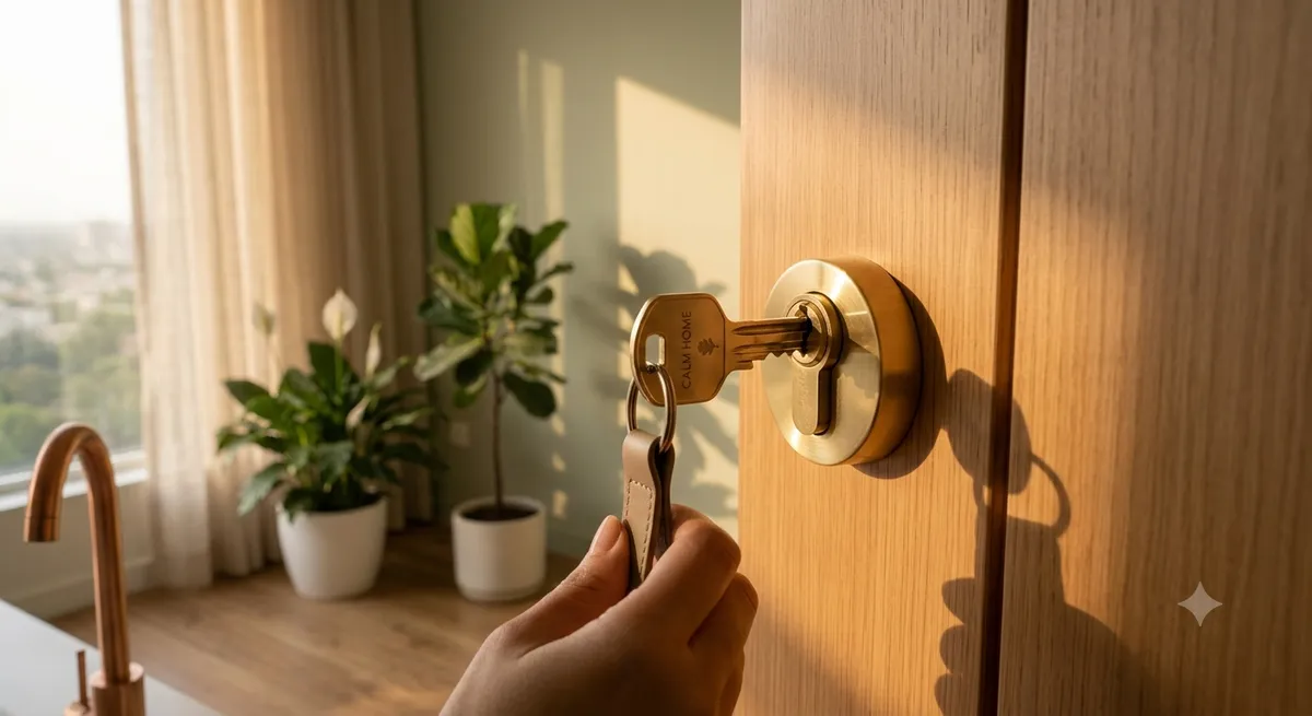 A key turning in a lock of a wooden door representing the end of a shift