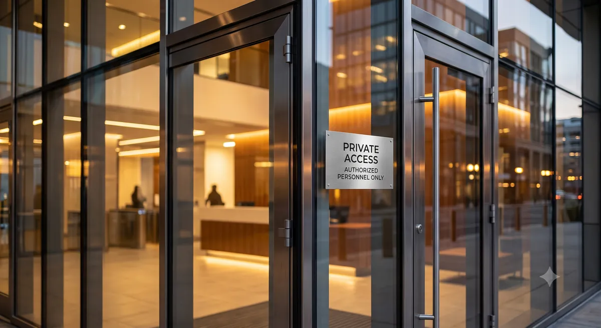 A modern glass door of an office building representing private access boundaries