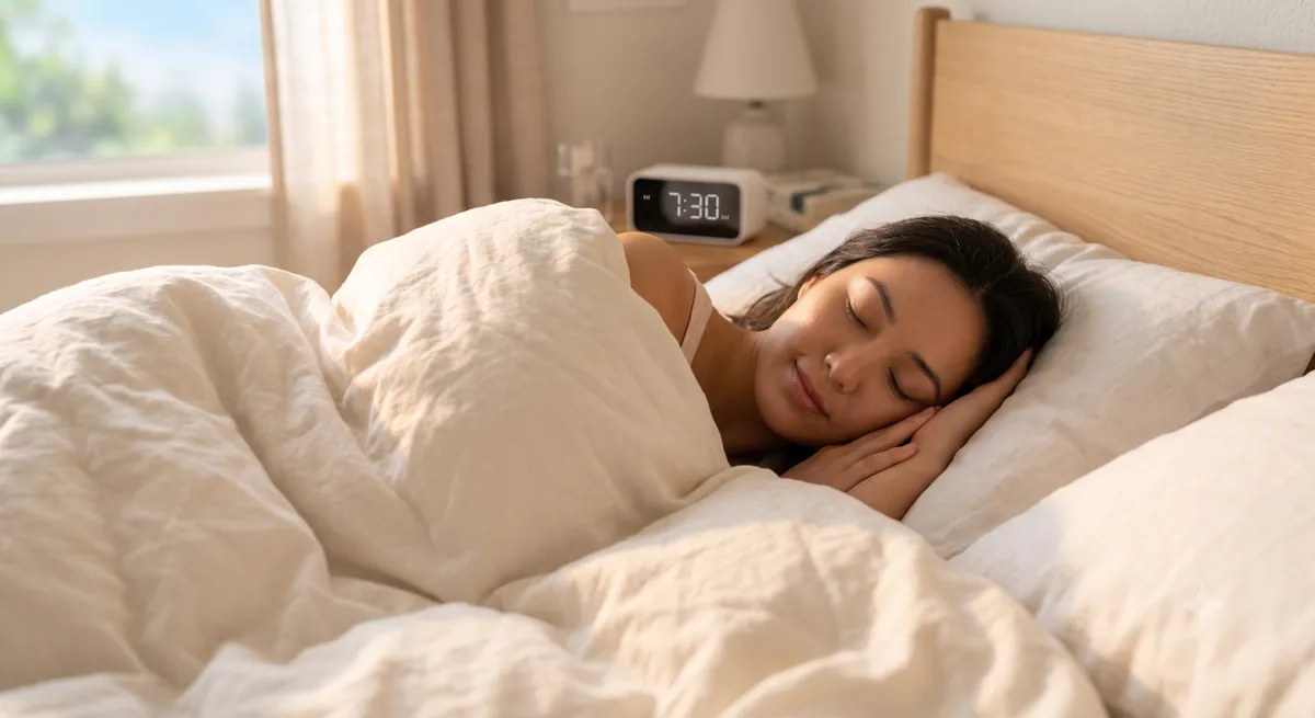 A person sleeping peacefully under a warm white duvet in morning light