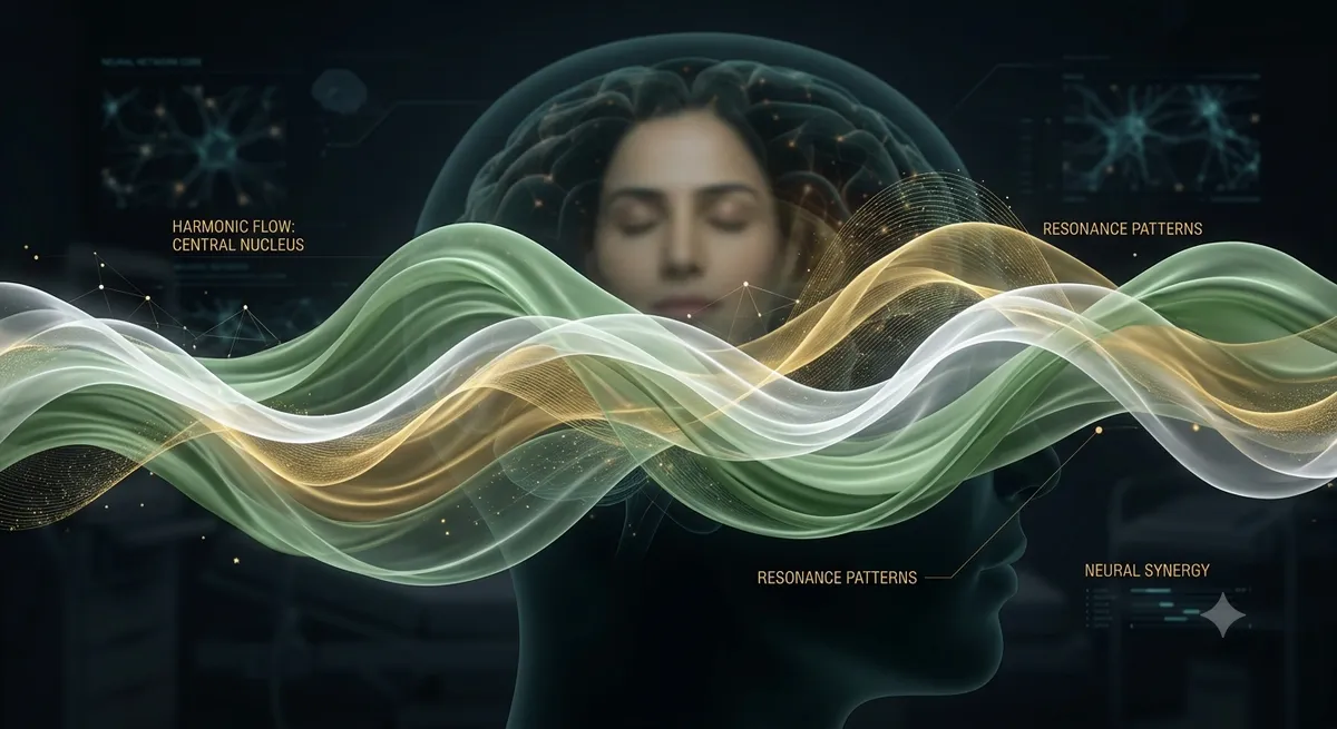 A serene abstract representation of sound waves with flowing green light patterns