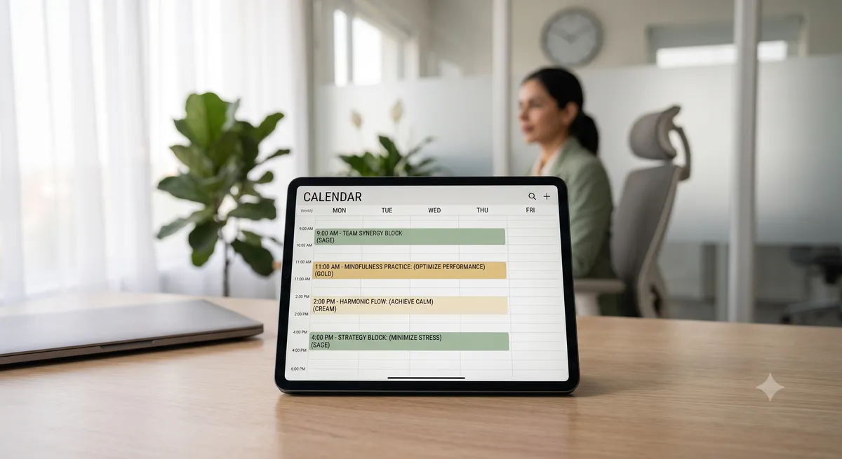 A tablet showing a clean color-coded schedule app representing time management frameworks