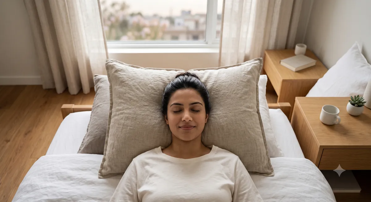 A person resting their head back peacefully representing autonomic downshift