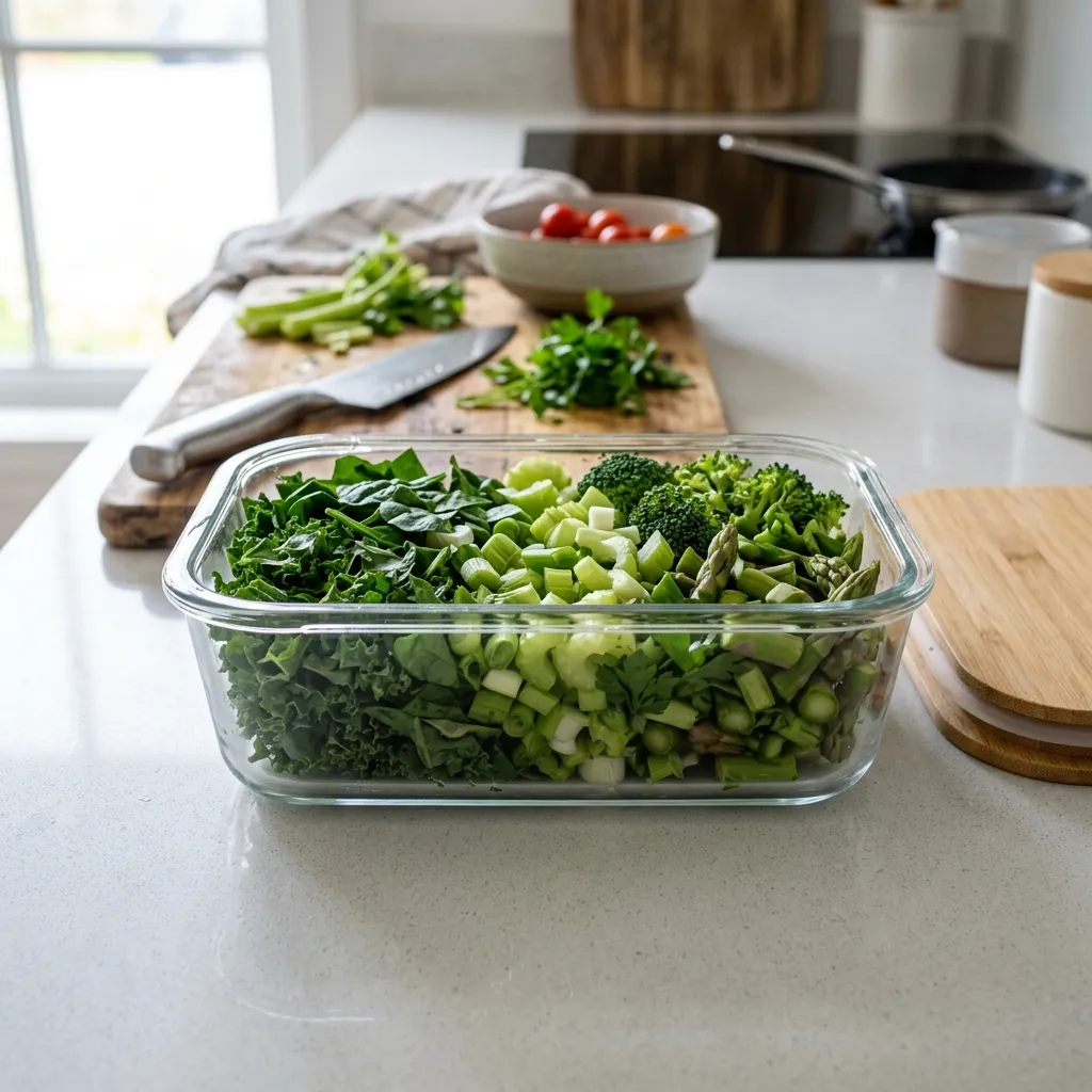Fresh green vegetables prepared in glass containers