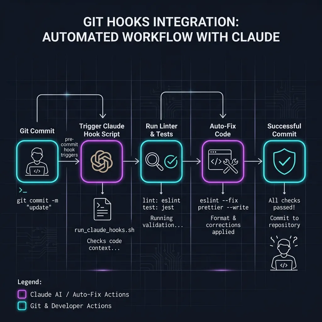 Git hooks integration timeline showing commit trigger, Claude script, linting, auto-fix, and successful commit