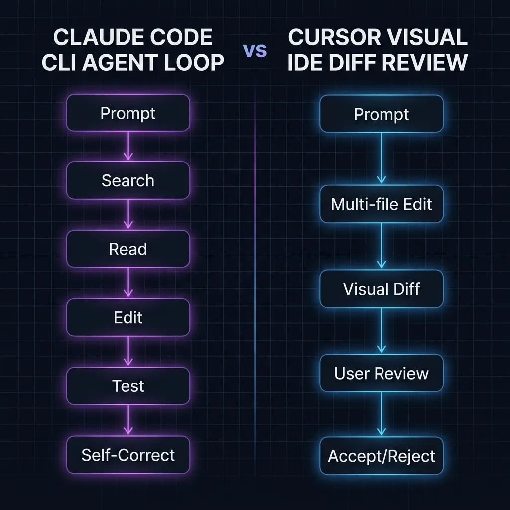 Detailed workflow diagram comparing terminal-based agent loops vs visual IDE diff reviews