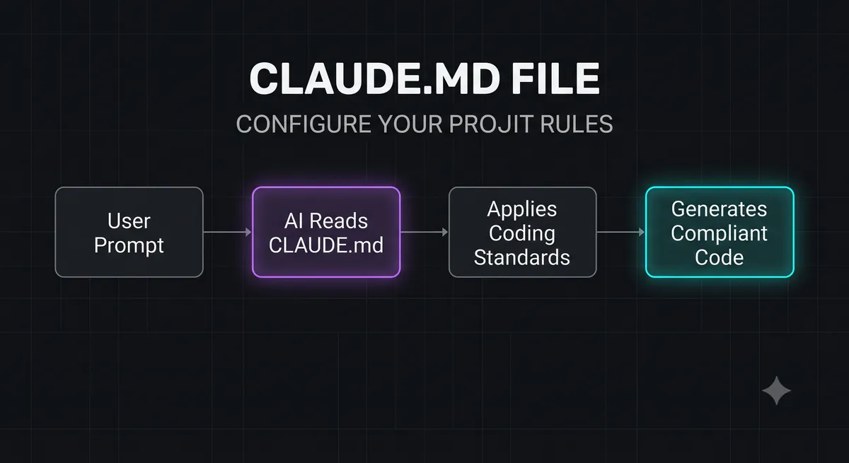 Workflow diagram showing how CLAUDE.md guides the AI agent during code generation