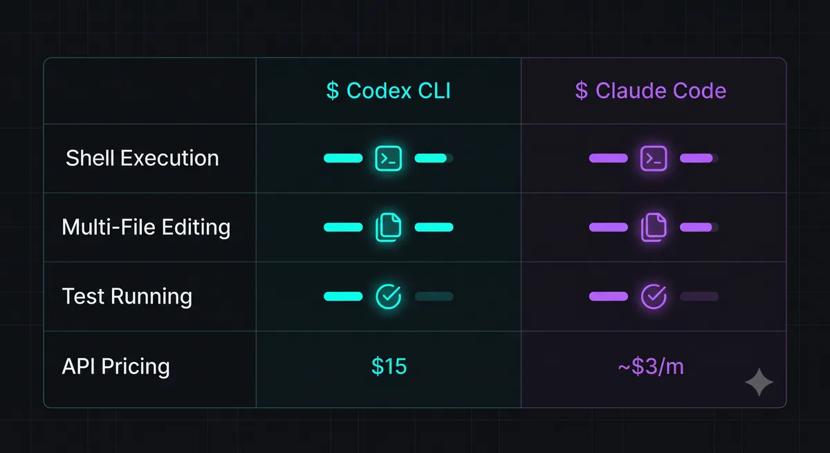 Comparison table showing Codex CLI vs Claude Code features and capabilities