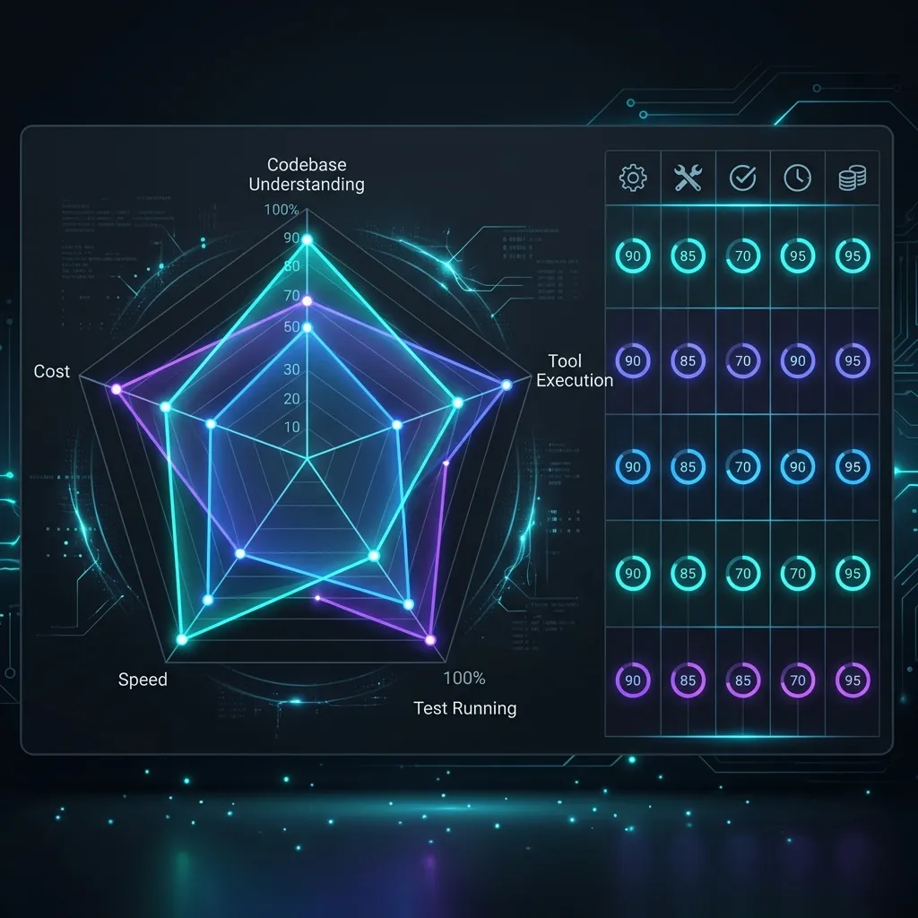 Comparison radar chart evaluating Devin AI alternatives on speed, cost, and autonomy