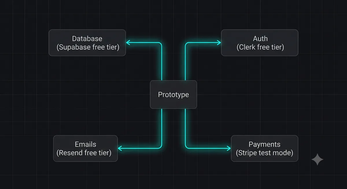 A clean, minimalist architecture diagram showing a SaaS prototype built entirely on free-tier APIs: Vercel -> Supabase -> Clerk -> Resend -> Stripe