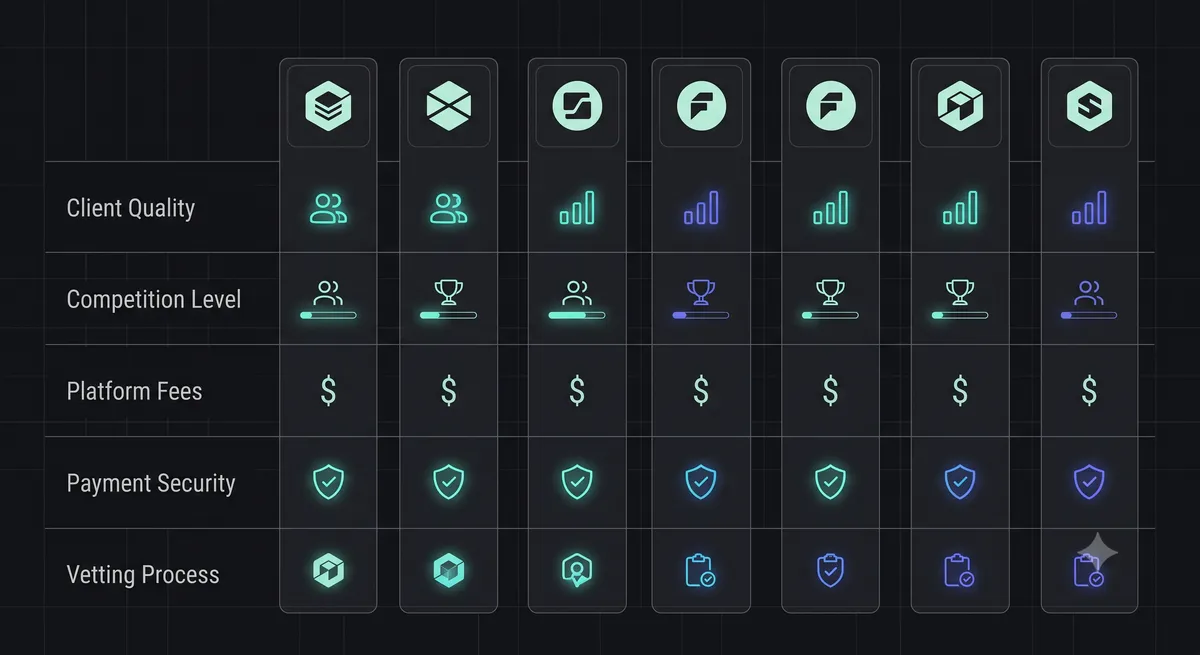 A clean, minimalist comparison grid evaluating the 7 freelance platforms on client quality, competition, fees, and vetting