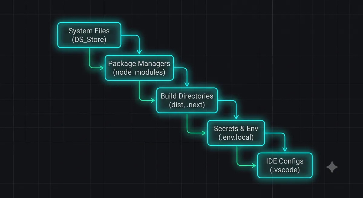 A structured diagram showing the sections of a production-ready .gitignore file: System Files, Package Managers, Build Directories, Secrets, and IDE Configs