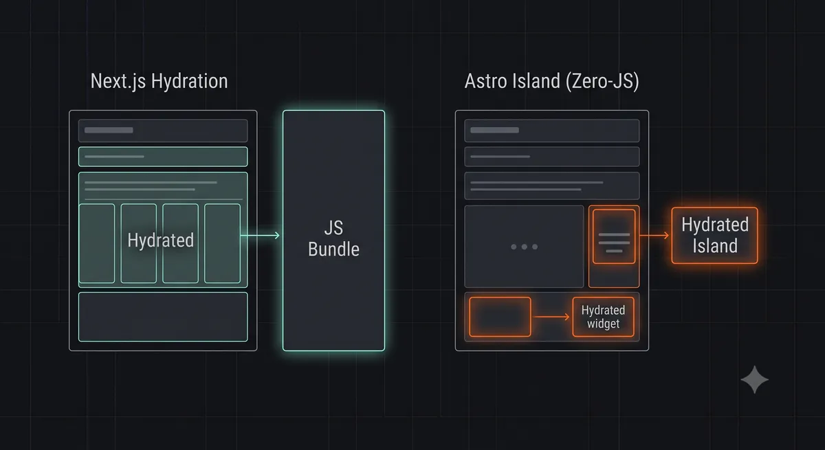 Technical diagram comparing Next.js hydration overhead vs Astro Islands architecture