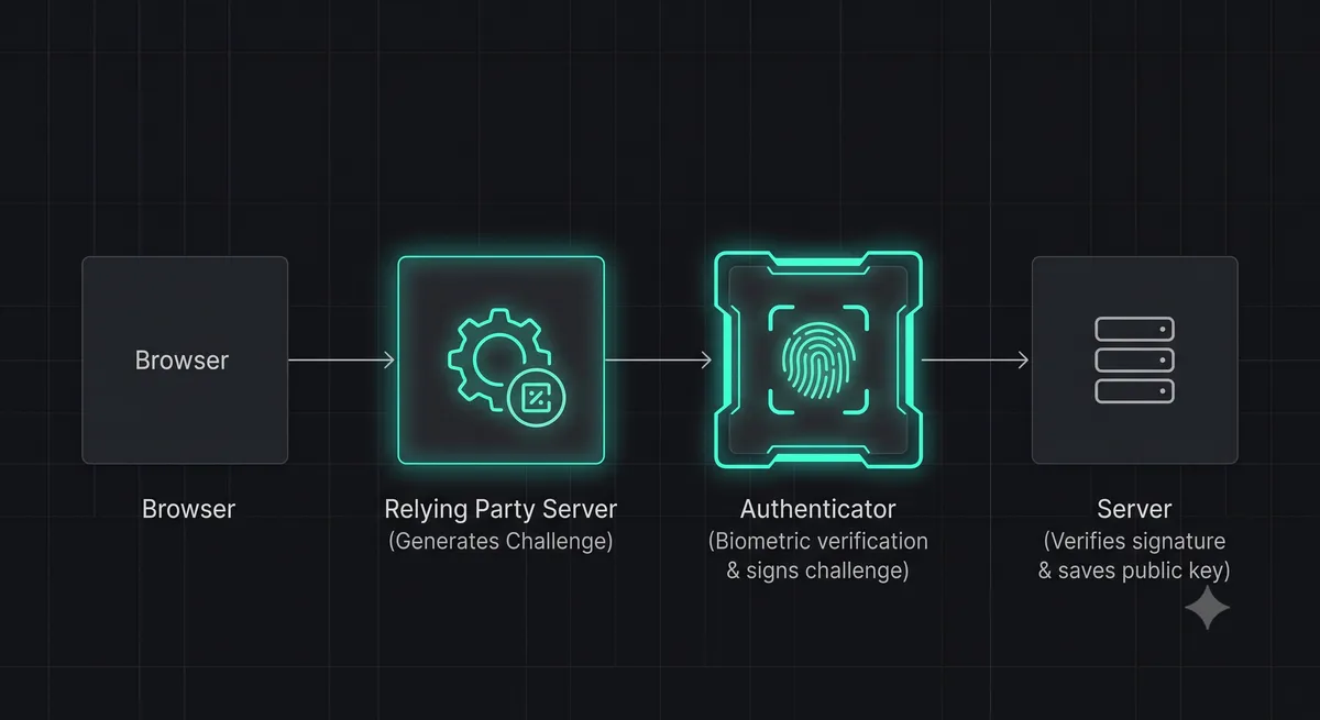 A technical sequence diagram illustrating WebAuthn passkey registration: Browser -> Server (Generates Challenge) -> Authenticator (Biometrics) -> Server (Verifies Signature)