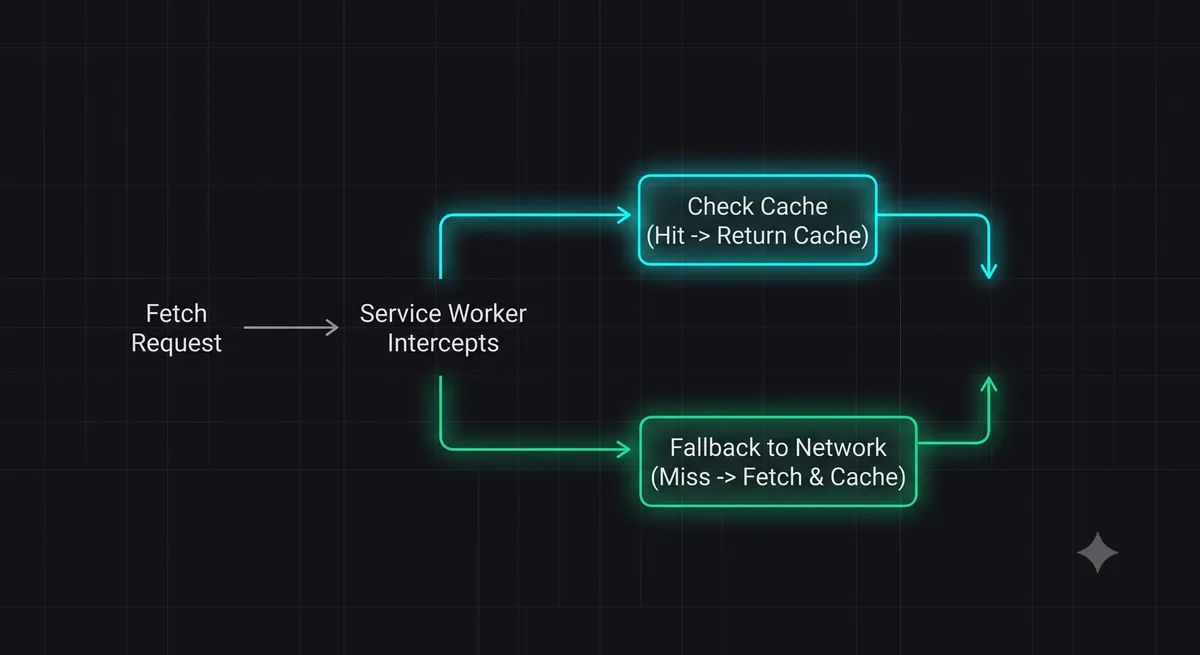 Technical diagram illustrating the Service Worker lifecycle and cache-first offline strategy