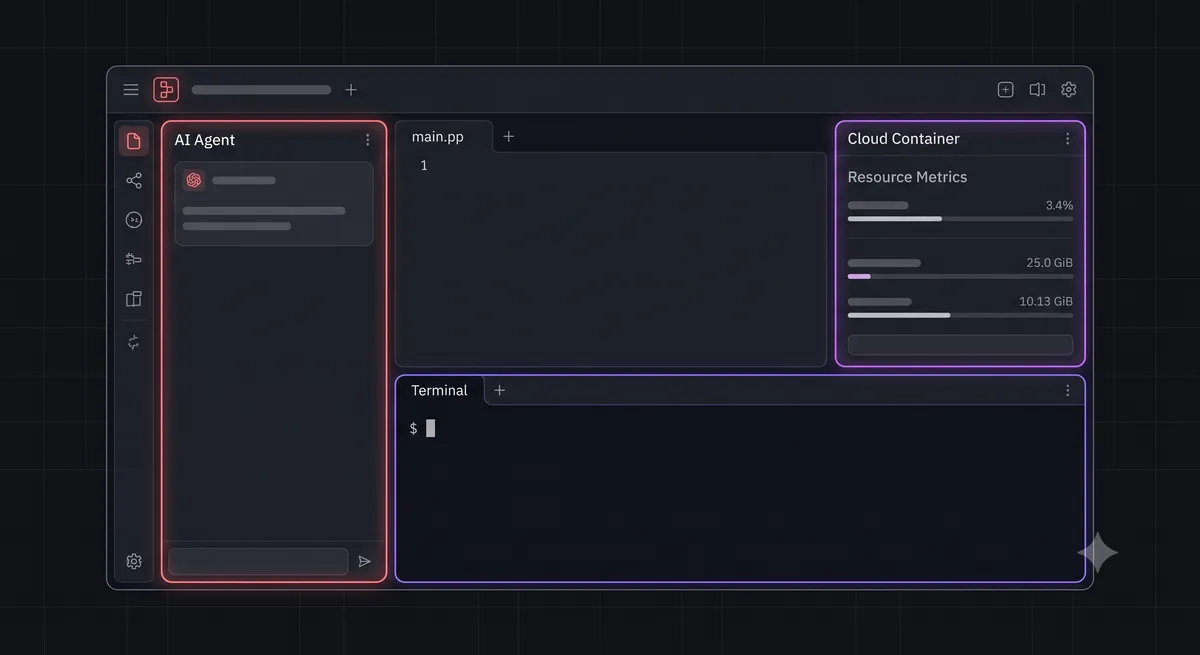 Clean UI mockup showing the Replit Core workspace interface with integrated AI Agent panel