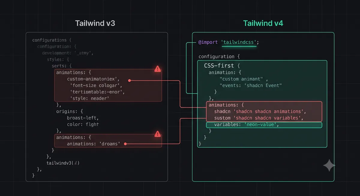 Side-by-side comparison of Tailwind v3 configuration and the new Tailwind v4 CSS-first theme configuration
