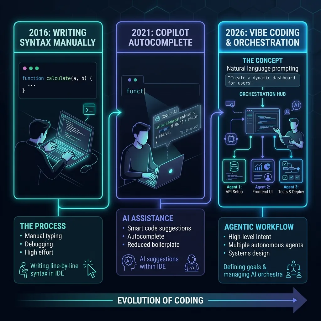 Evolution diagram showing manual syntax writing in 2016, Copilot autocomplete in 2021, and vibe coding orchestration in 2026