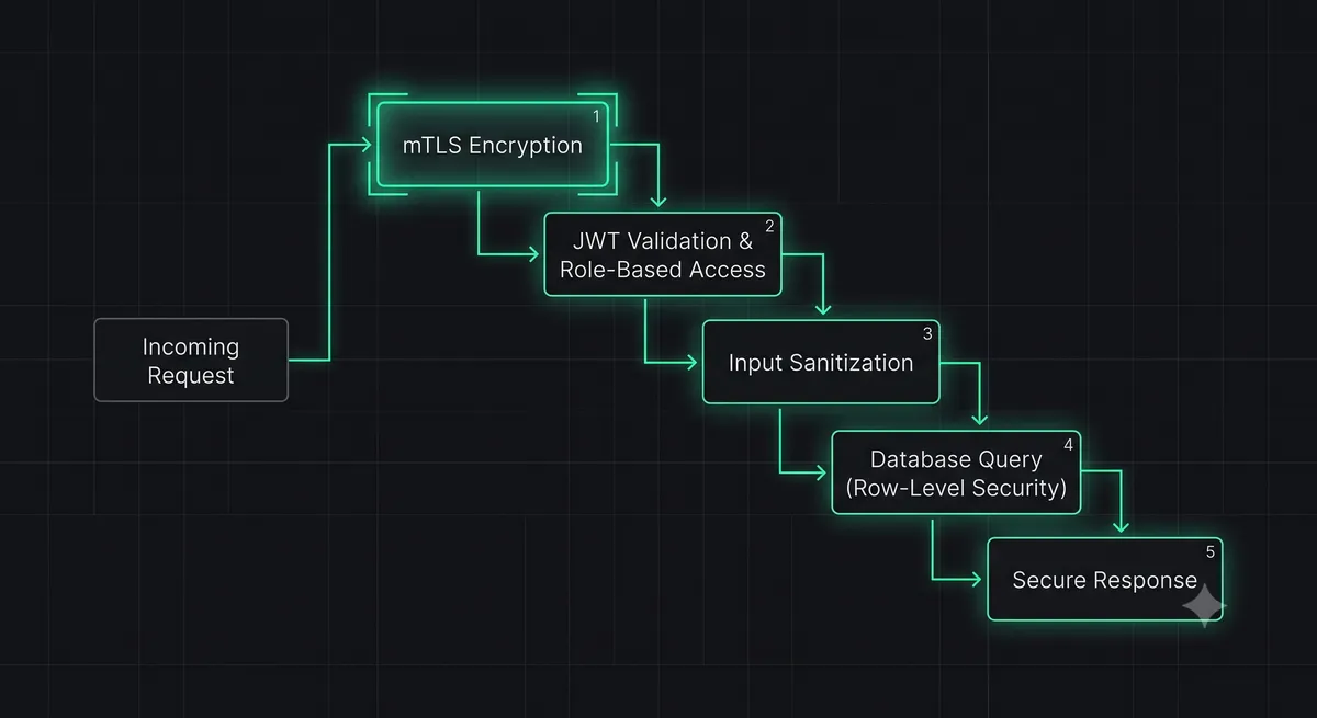 An architectural diagram of a Zero Trust Node.js API: Incoming Request -> mTLS Encryption -> JWT Validation -> Input Sanitization -> Database Query